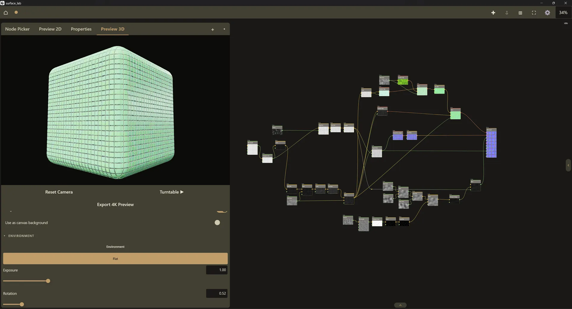 Surface Labs with a full procedural node graph on the right and a live 3D preview of the material on a cube on the left.