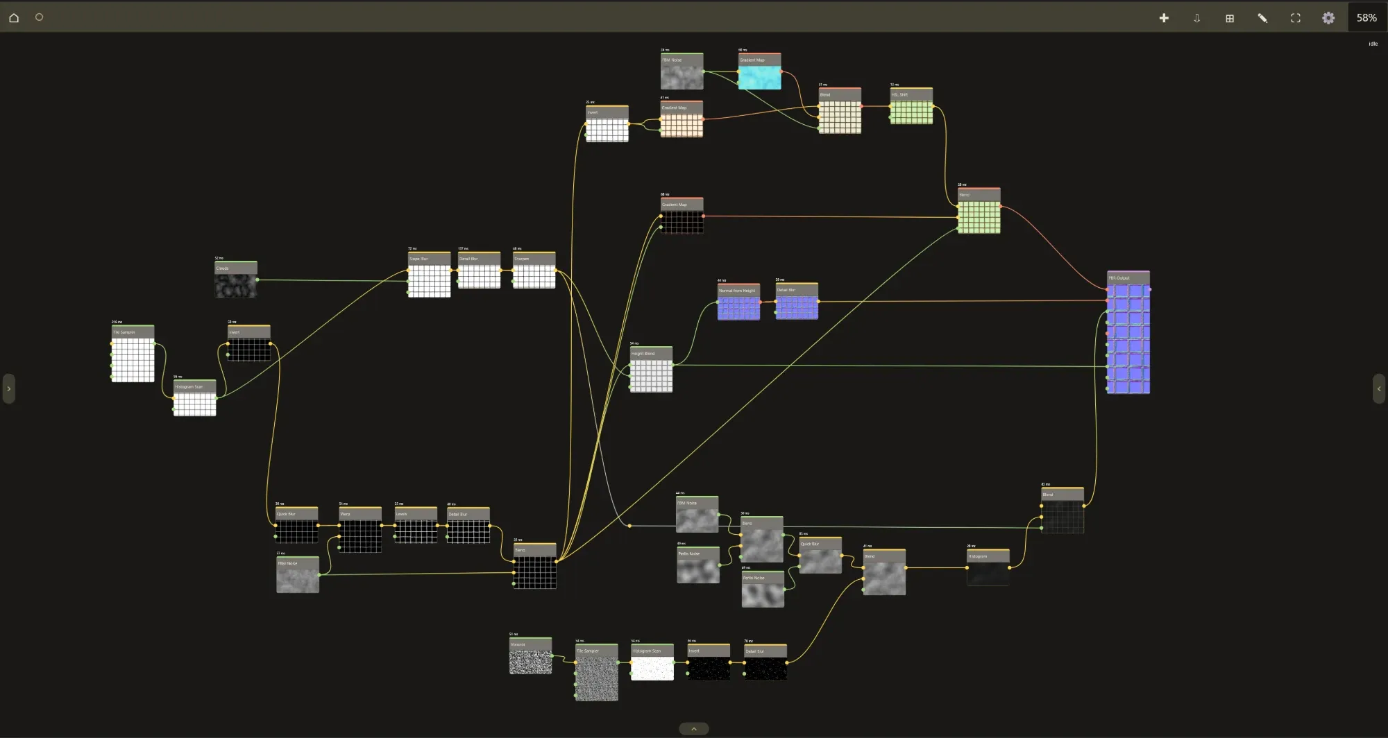 The Surface Labs graph editor: a procedural material built from many connected shader nodes on an infinite canvas.