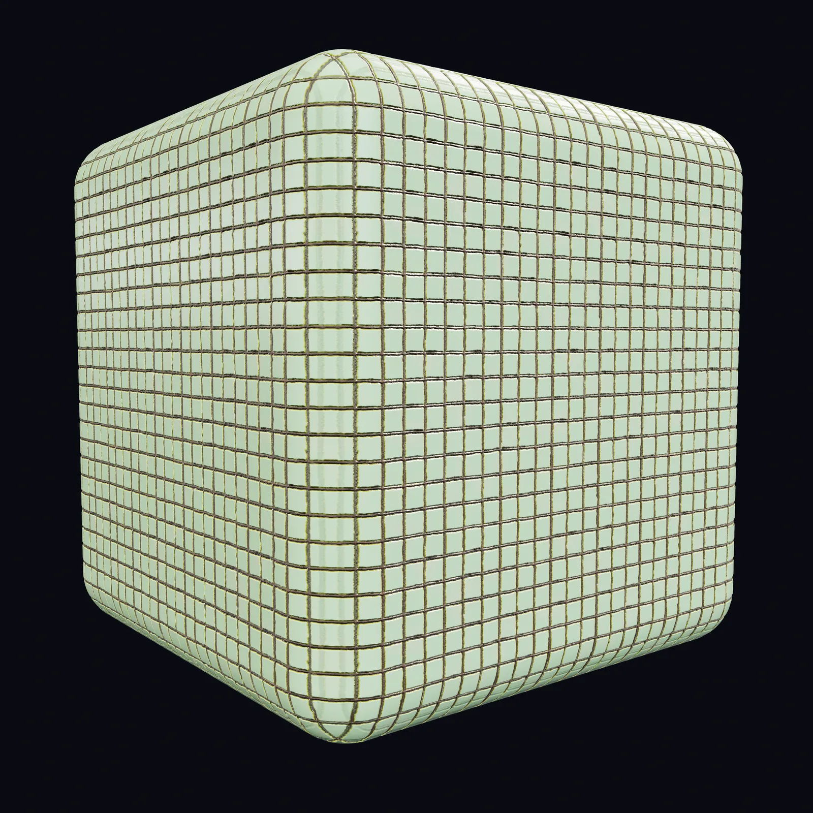 A tiled ceramic PBR material authored in Surface Labs, rendered on a rounded cube.