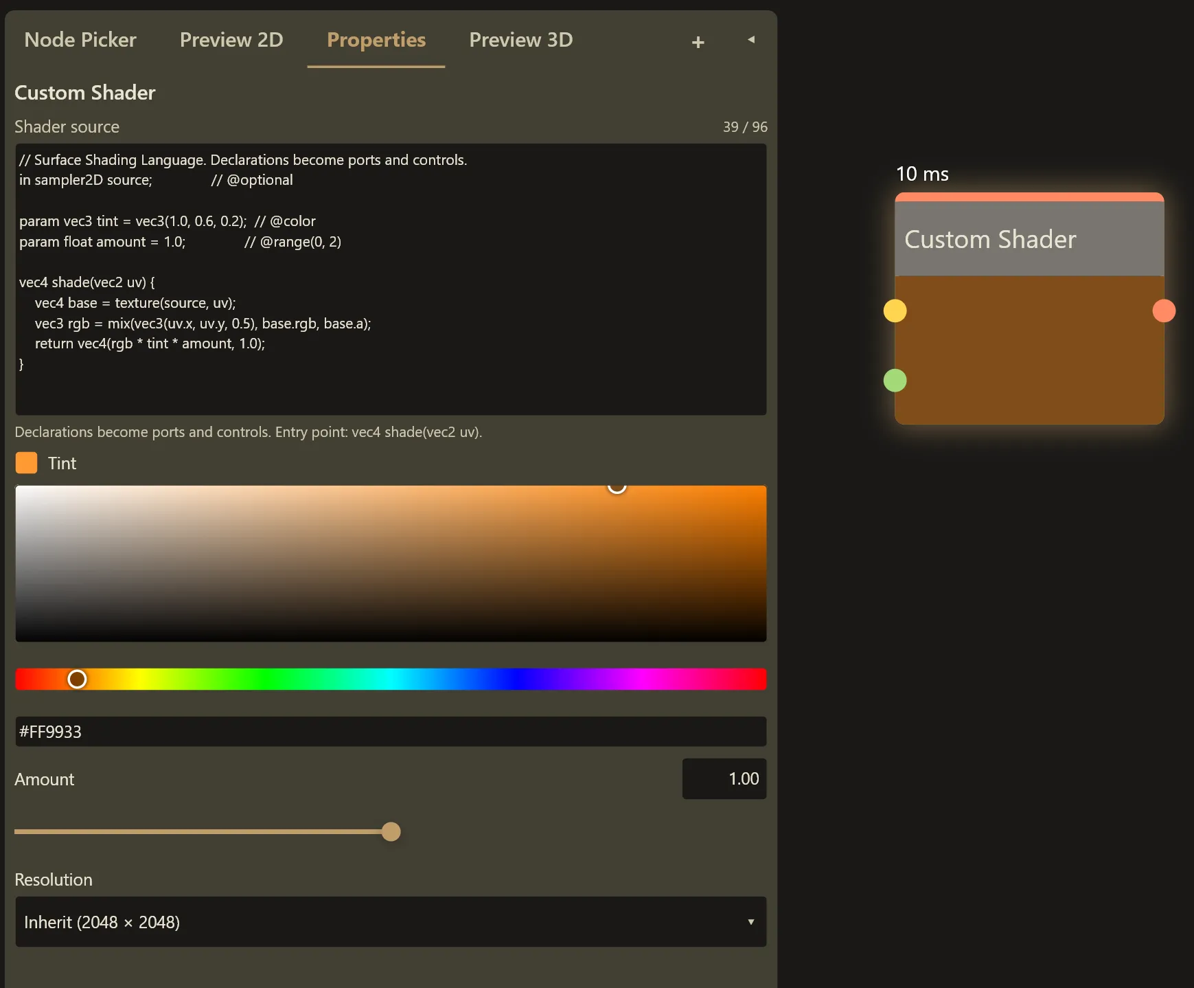 The Surface Labs custom shader node editor showing source in the built-in shading language and its generated controls.