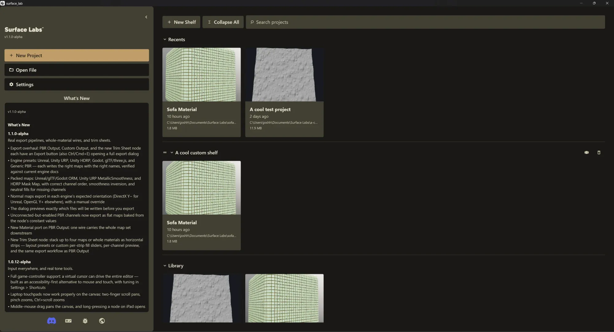 The Surface Labs project hub showing recent projects and materials organised on custom shelves.