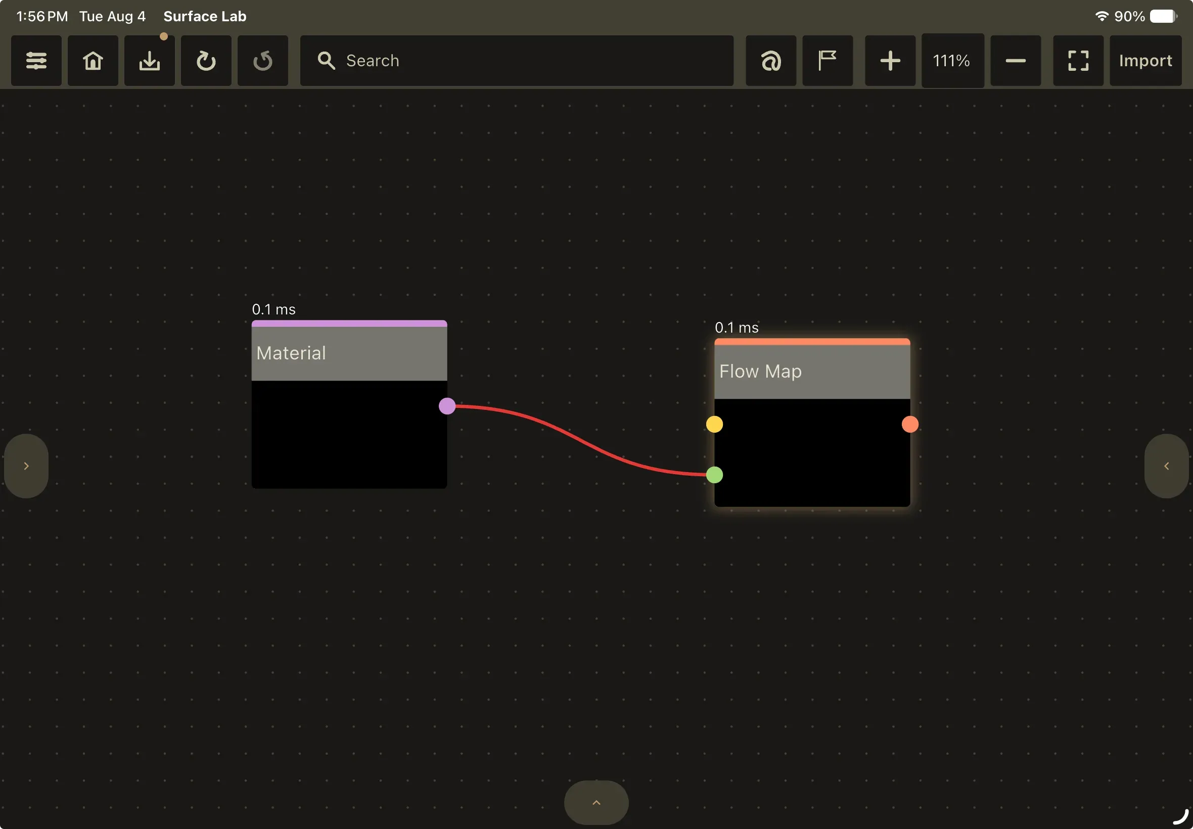 A red wire running from a Material node's output into a Flow Map node's input, flagging the type mismatch while leaving the connection in place.