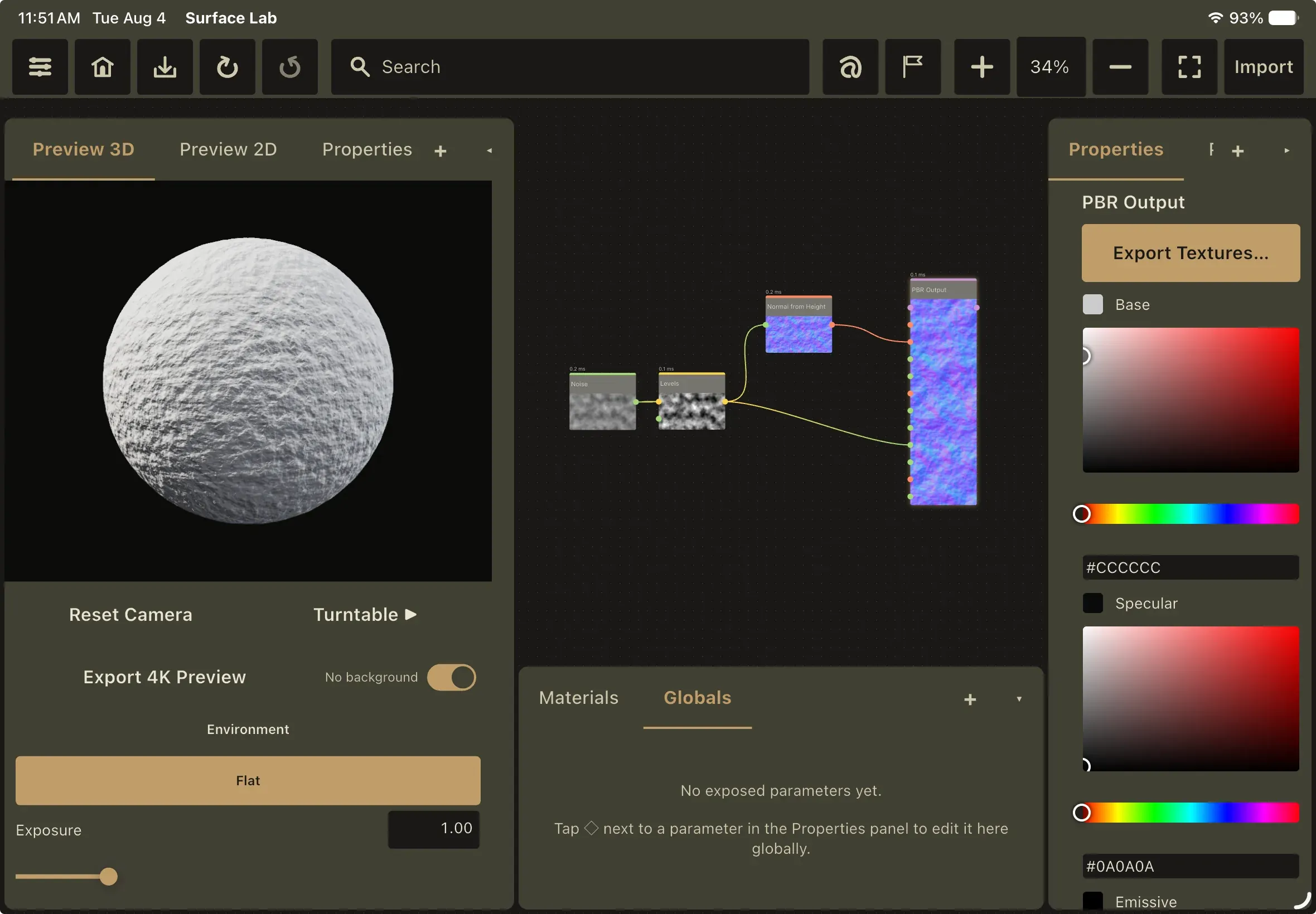 The full editor with every panel slot filled: Preview 3D on the left, the graph on the canvas in the middle, the Materials and Globals panel below it, and the Properties panel for a PBR Output on the right.