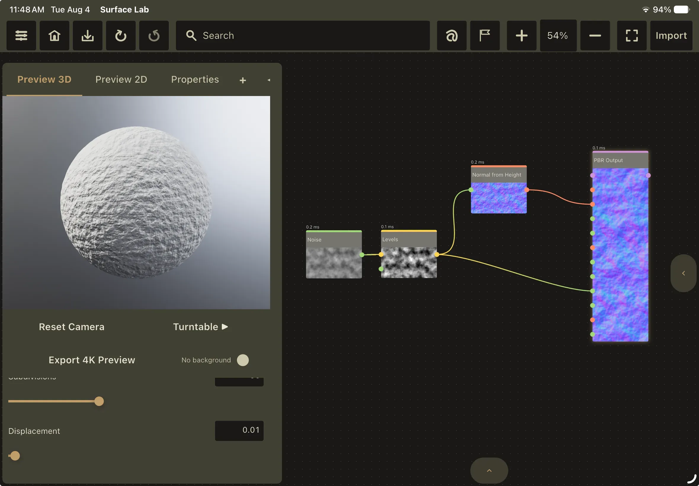 The Preview 3D panel showing the finished material on a sphere, its surface carrying visible relief from the normal map, with the finished graph on the canvas beside it.