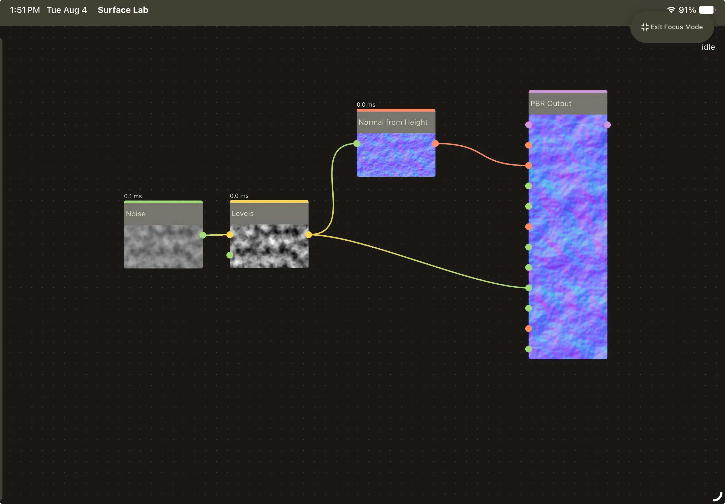 The finished graph on a clear canvas: Noise feeding Levels, Levels feeding both Normal from Height and the PBR Output's Base Color, Roughness and Height inputs, and Normal from Height feeding the Normal input.