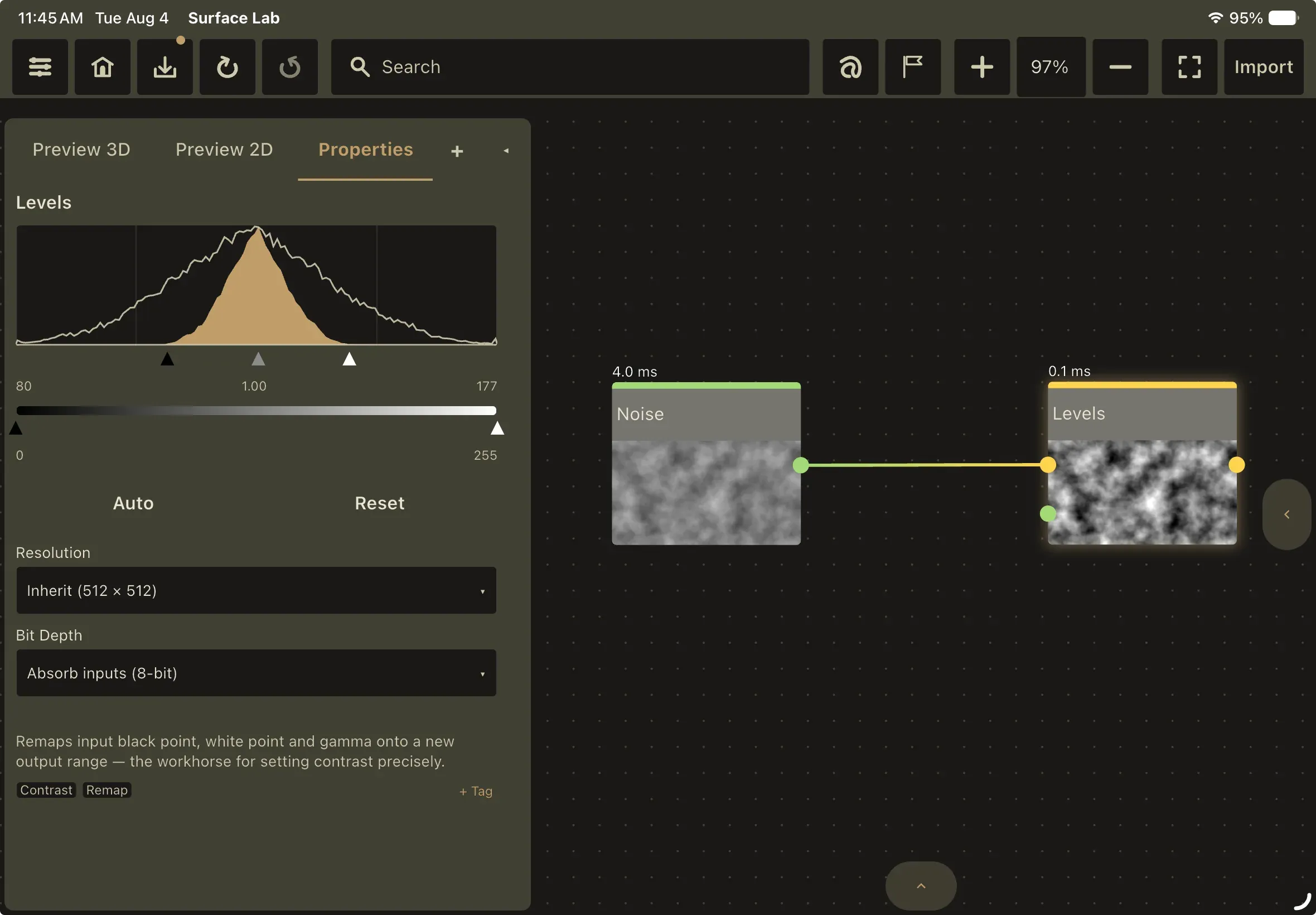 The Noise node wired into a Levels node on the canvas, with the Levels Properties open on the left showing the histogram and its black point, gamma and white point handles.