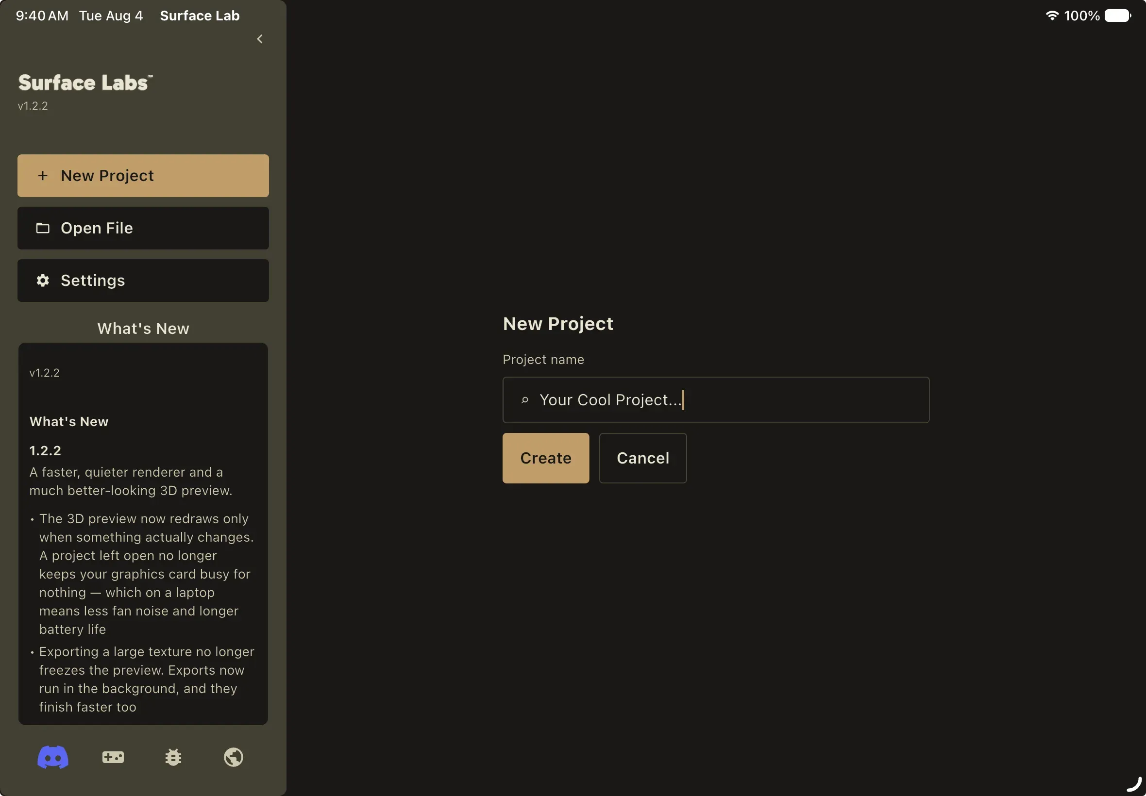 The Project Hub with the New Project form open on the right, a name typed into the Project name field, and the Create and Cancel buttons below it.