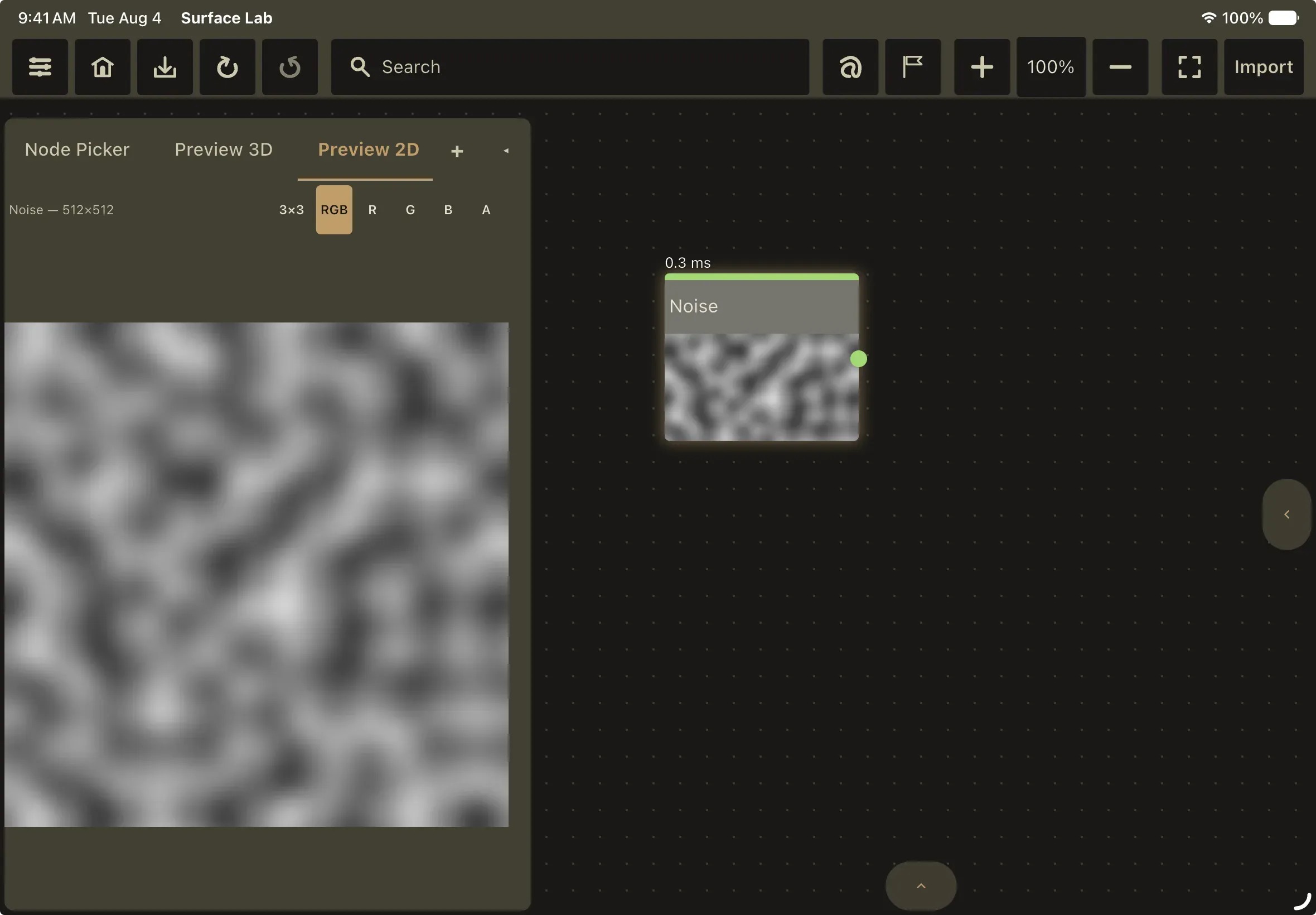 A Noise node freshly placed on the canvas, its thumbnail showing the default Perlin pattern, with the Preview 2D panel on the left rendering the same field at 512 by 512.