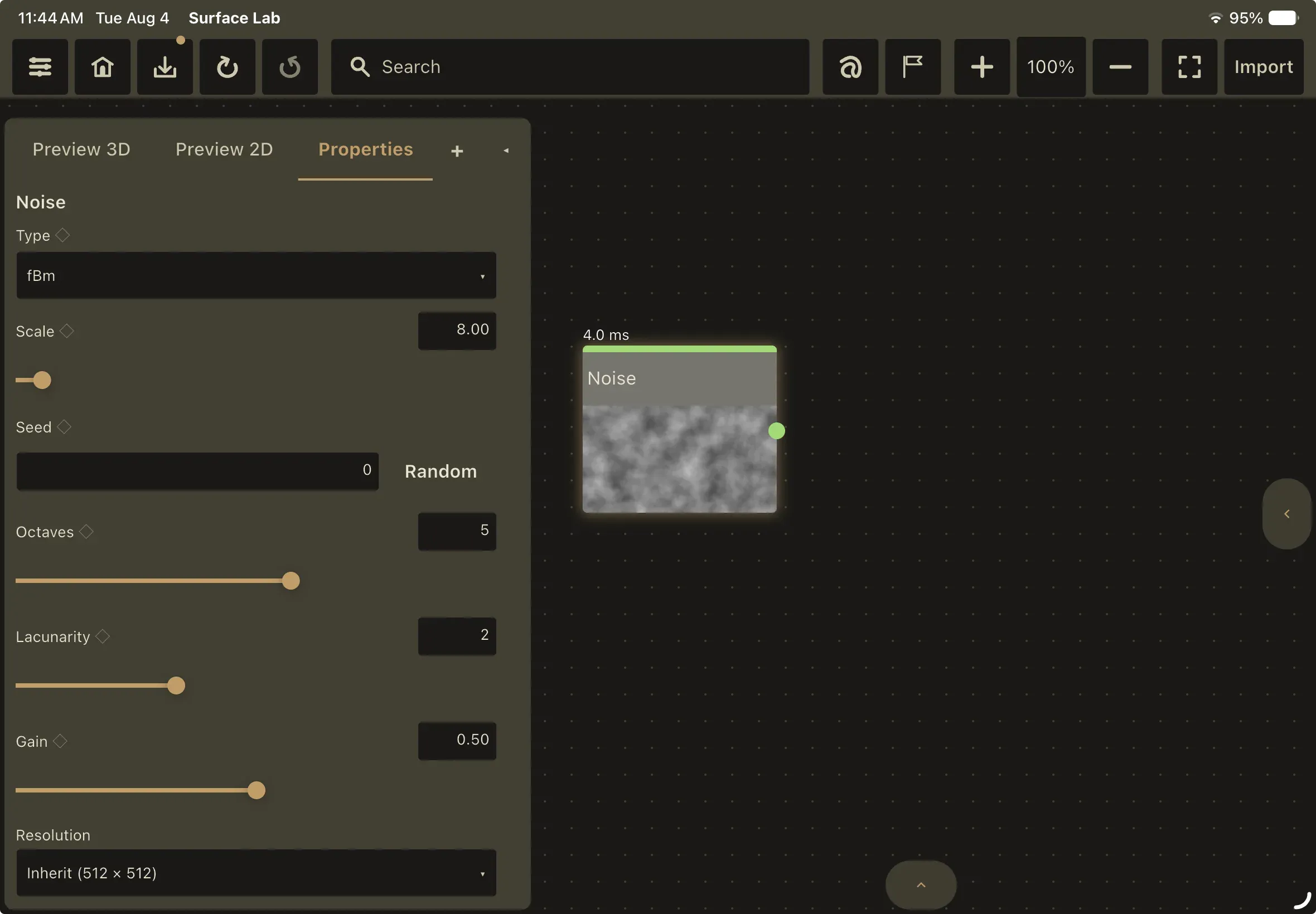 The Properties panel for a Noise node with Type set to fBm, showing the Scale, Seed, Octaves, Lacunarity and Gain controls, and the node's thumbnail updated to the fBm pattern.