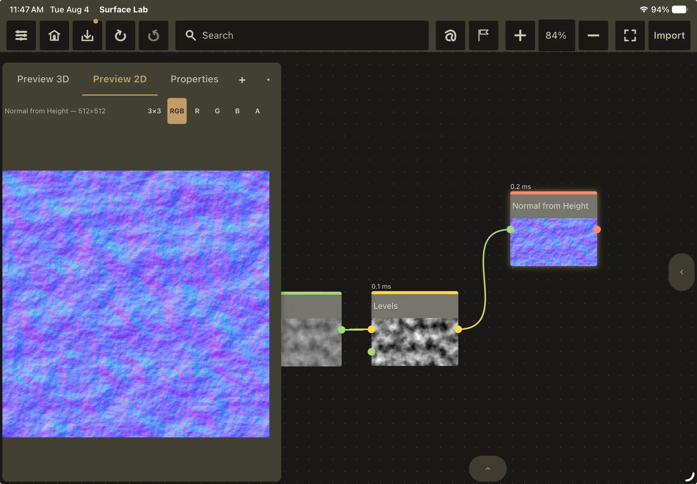 The Normal from Height node wired off the Levels output, its thumbnail and the Preview 2D panel both showing the purple and blue toned tangent-space normal map.