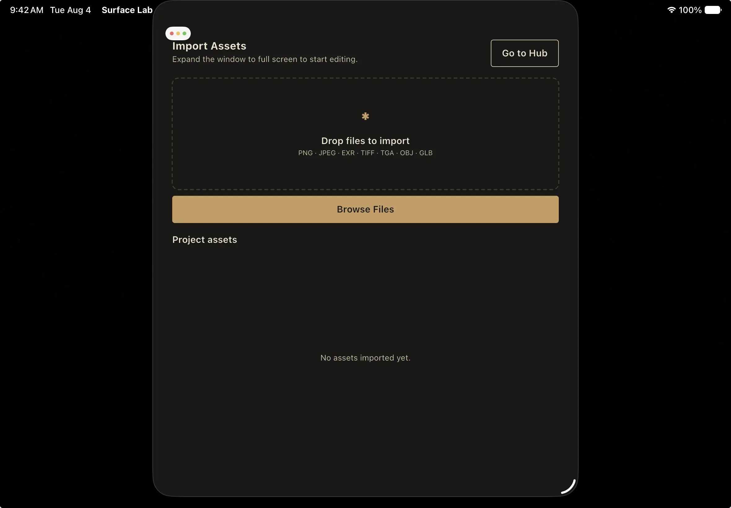 Surface Labs in a reduced iPad window, showing the asset-import screen instead of the editor: an Import Assets heading, a drop zone listing the accepted formats, a Browse Files button, and an empty project assets list.