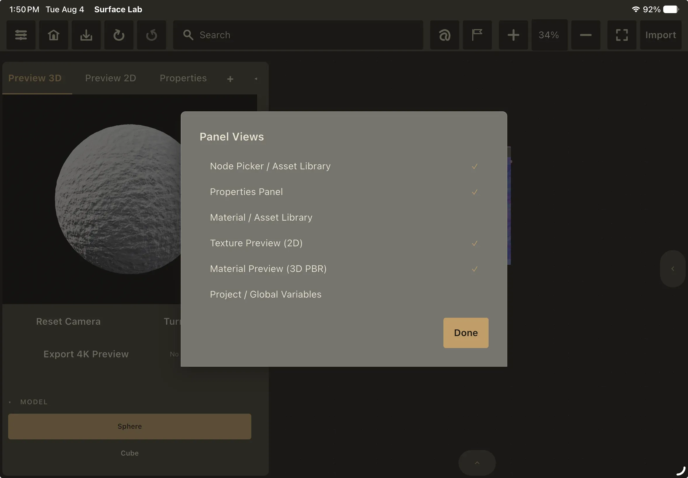 The Panel Views sheet open over the editor, listing all six panel types with a check beside each one currently pinned to a slot.
