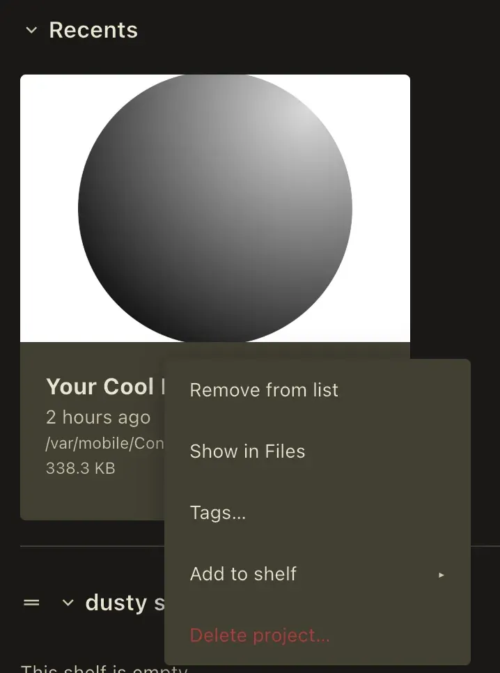 A project card in the Recents shelf with its context menu open, listing Remove from list, Show in Files, Tags, the Add to shelf fly-out, and Delete project in red.