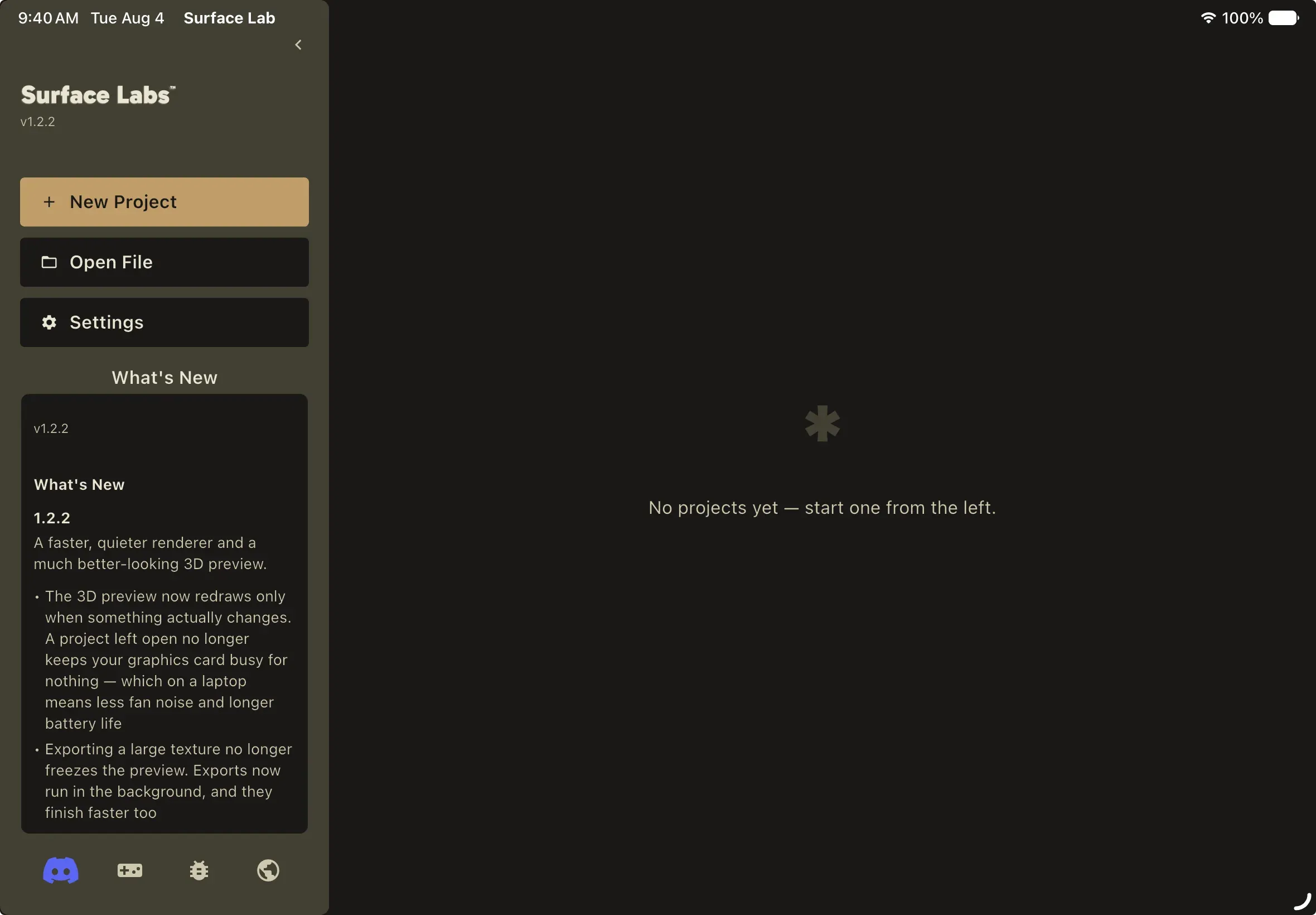 The Project Hub on a fresh install: the navigation panel on the left with New Project, Open File and Settings above the What's New feed, and the empty project area on the right.