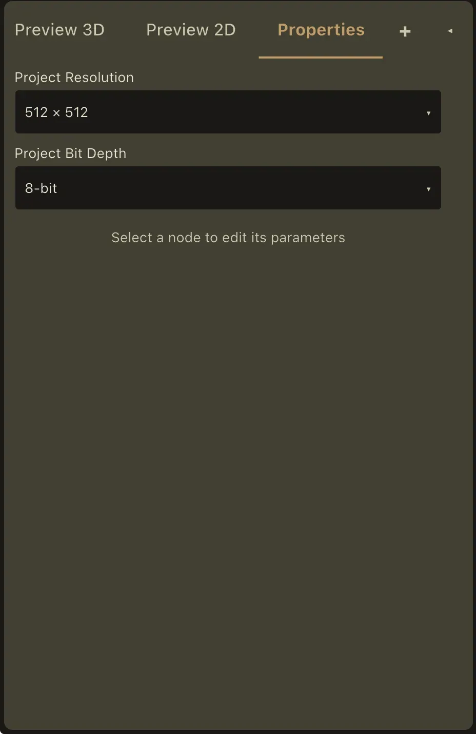 The Properties panel with no node selected, showing the Project Resolution and Project Bit Depth dropdowns above the hint "Select a node to edit its parameters".