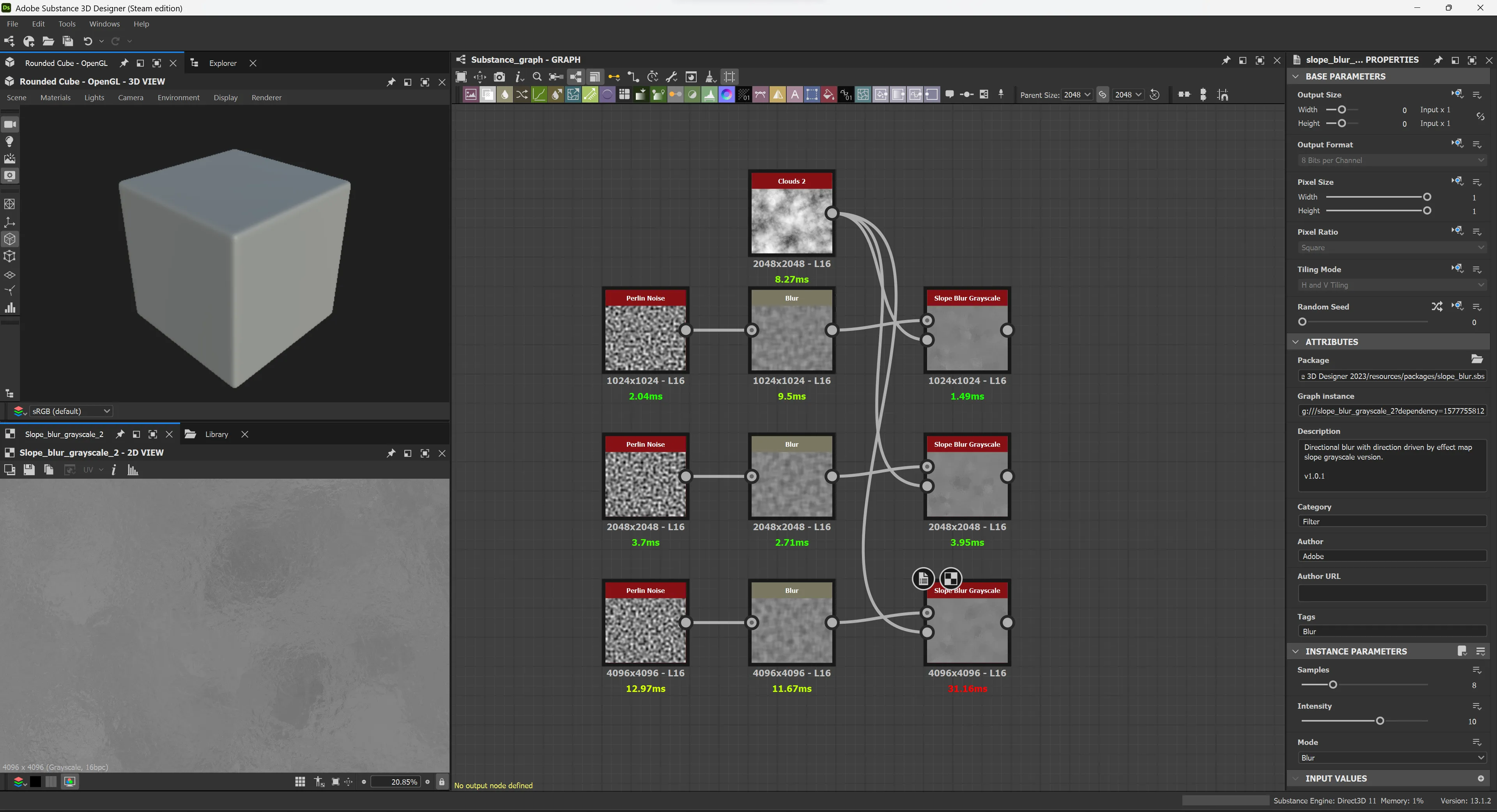The same graph rebuilt in Substance 3D Designer 13.1.2, L16 at every stage.