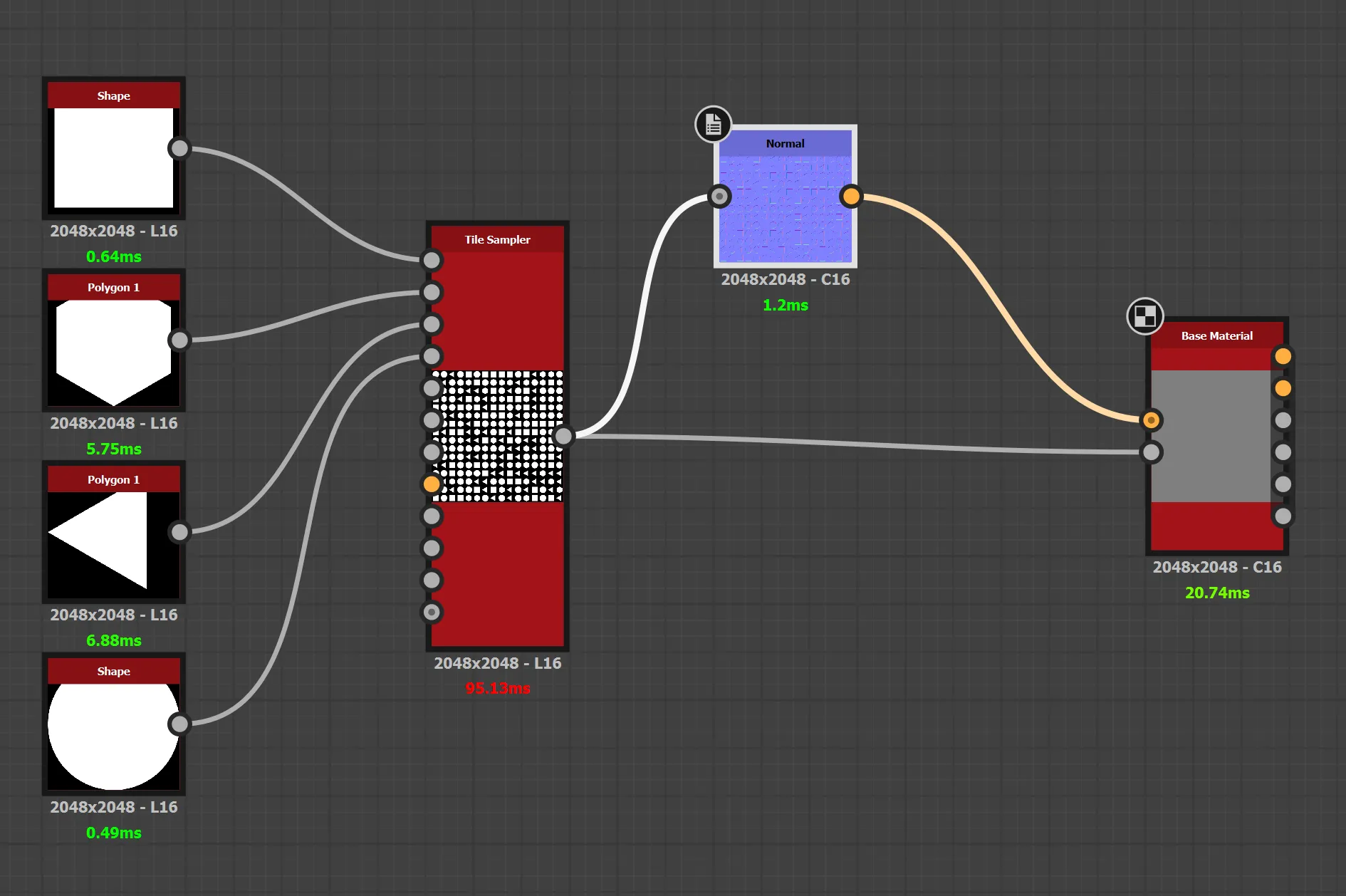 The equivalent graph in Designer, with Shape and Polygon generators into Tile Sampler (X/Y Amount 16), Normal, and Base Material.