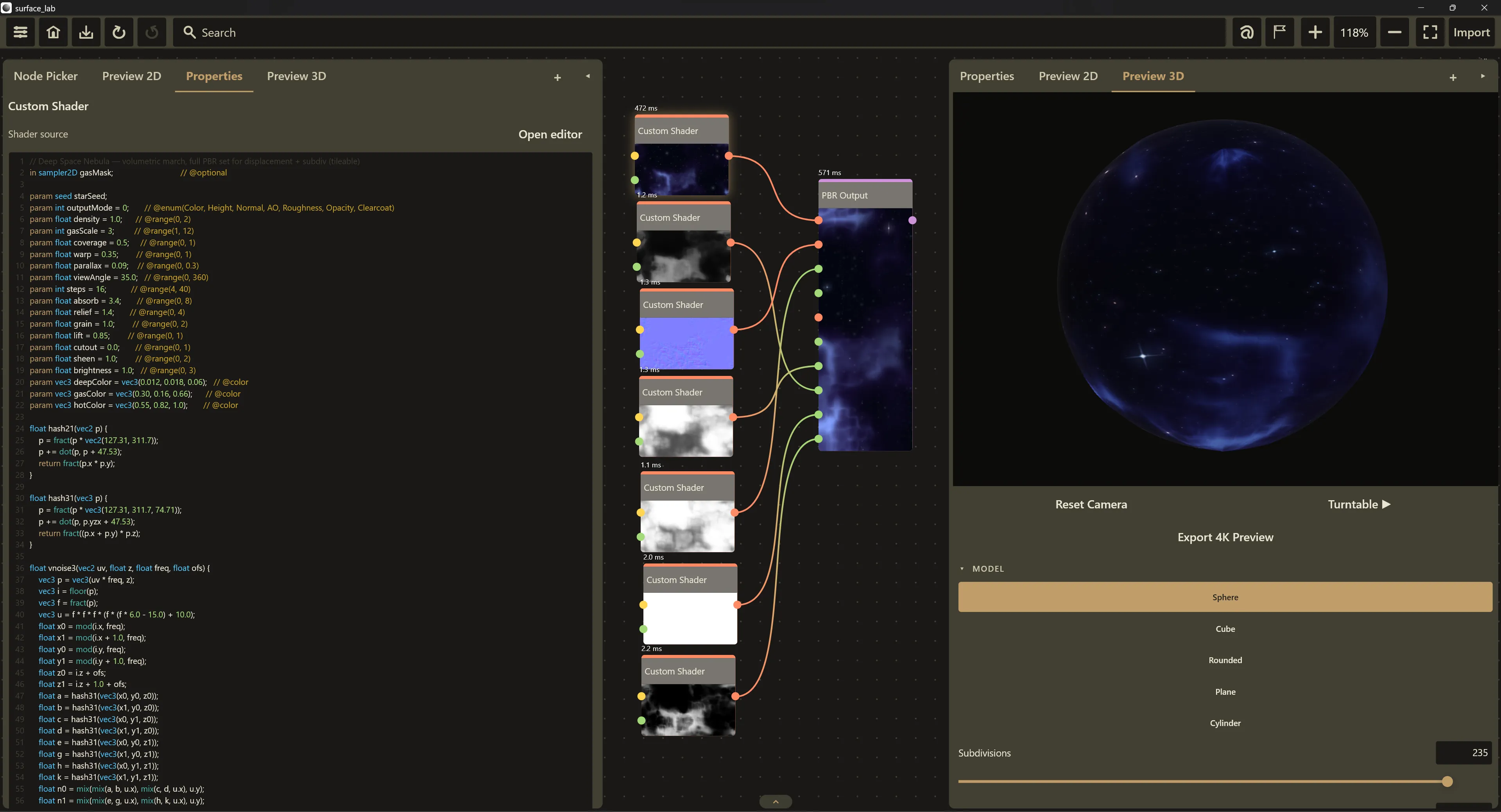 The panel editor open in the Properties panel: the Shader source view with the Open editor button, the custom shader graph beside it, and the finished nebula material in the 3D preview.