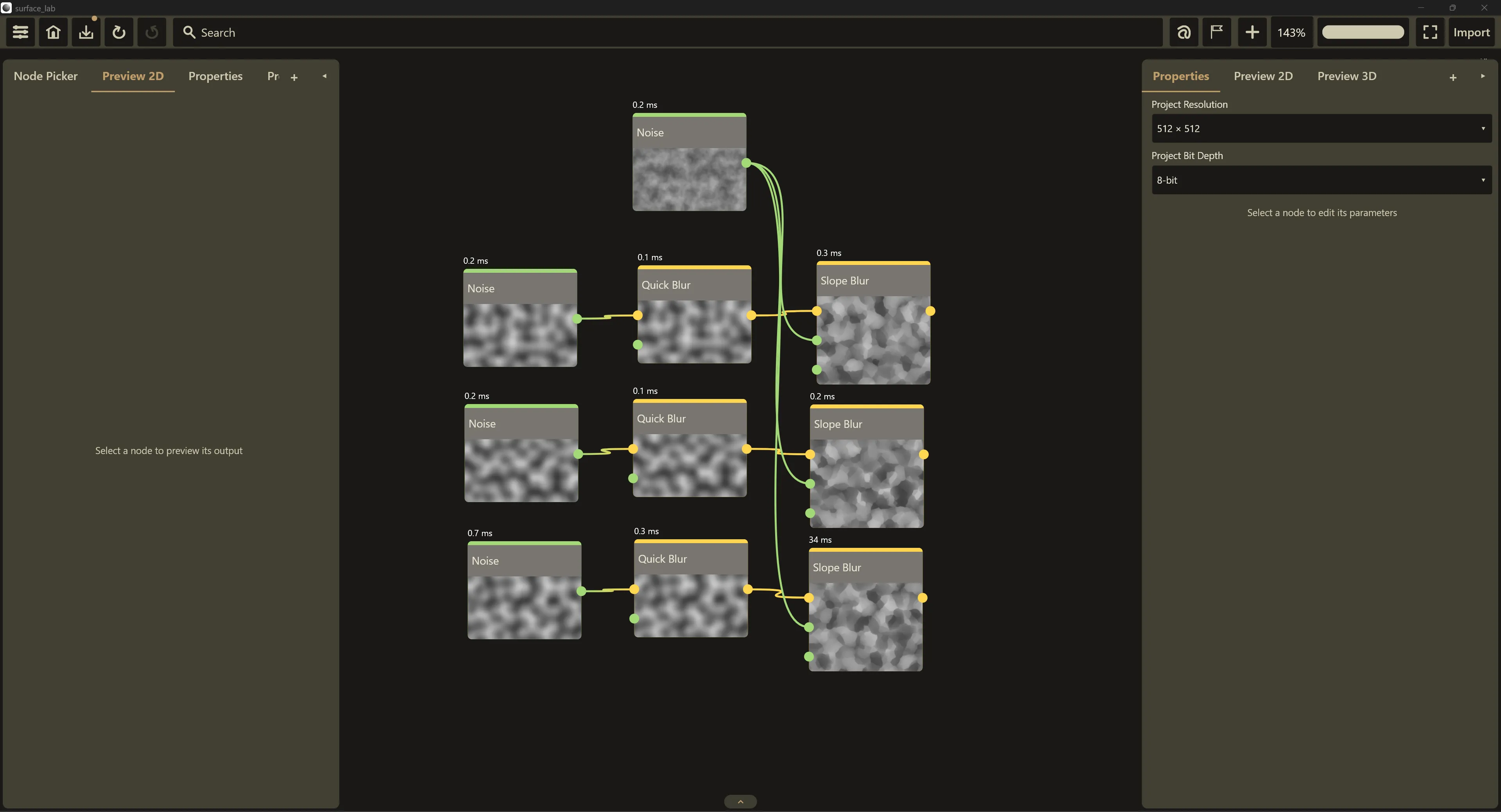 The blur test graph in Surface Labs. The project panel reads 512²/8-bit: those are project defaults. Every node in this graph overrides them to the listed resolution at 16-bit, matched to Designer's L16. The video below steps through each node's settings.